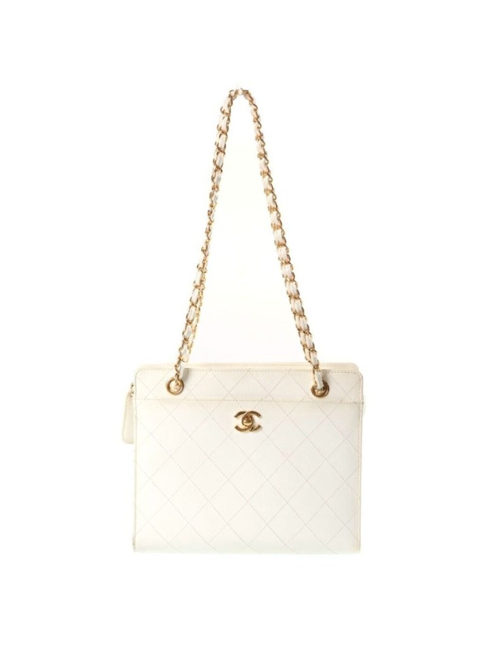 Chanel CC Logo Chain Shoulder Bag White Caviar Leather Gold